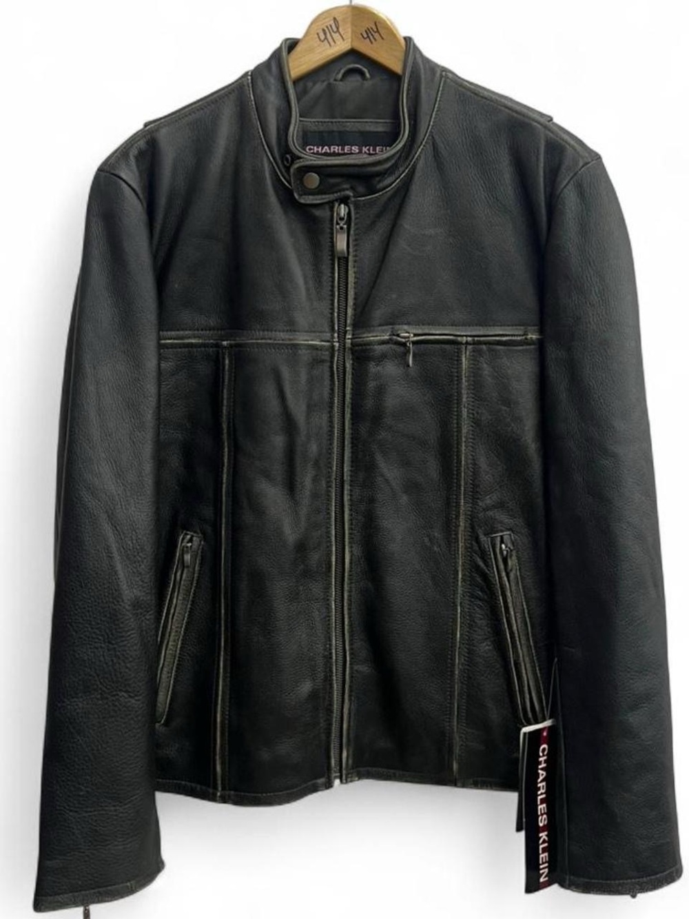 Mens Charles Klein Black Distressed Biker Leather Jacket size Small